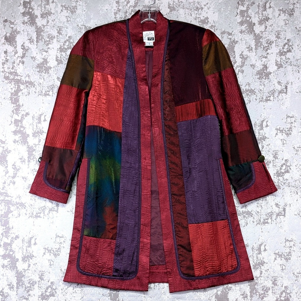 Jeanne Marc Vintage Patchwork Duster Jacket Burgundy Multi Color Petite 2 USA